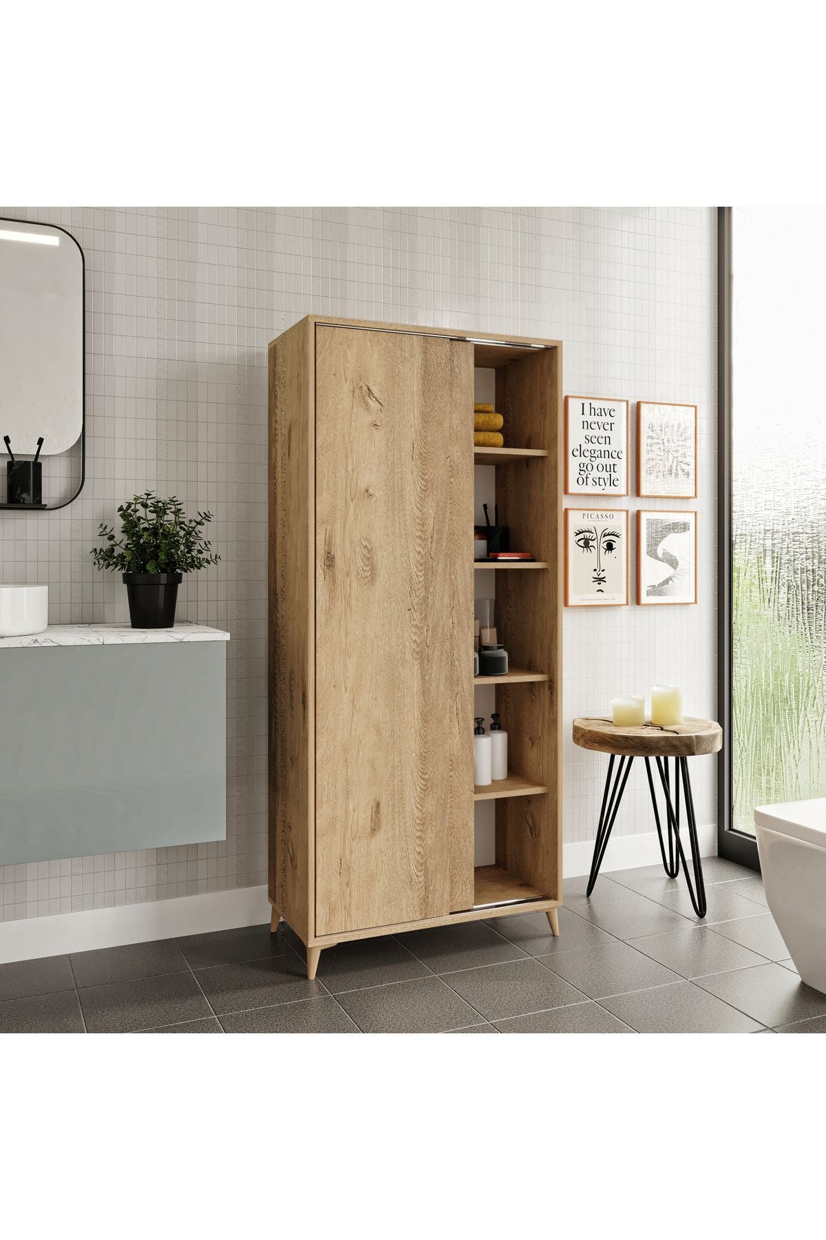 Sürgülü Çok Amaçlı Banyo Dolabı Meşe - Tamamı 1. Kalite Mdf