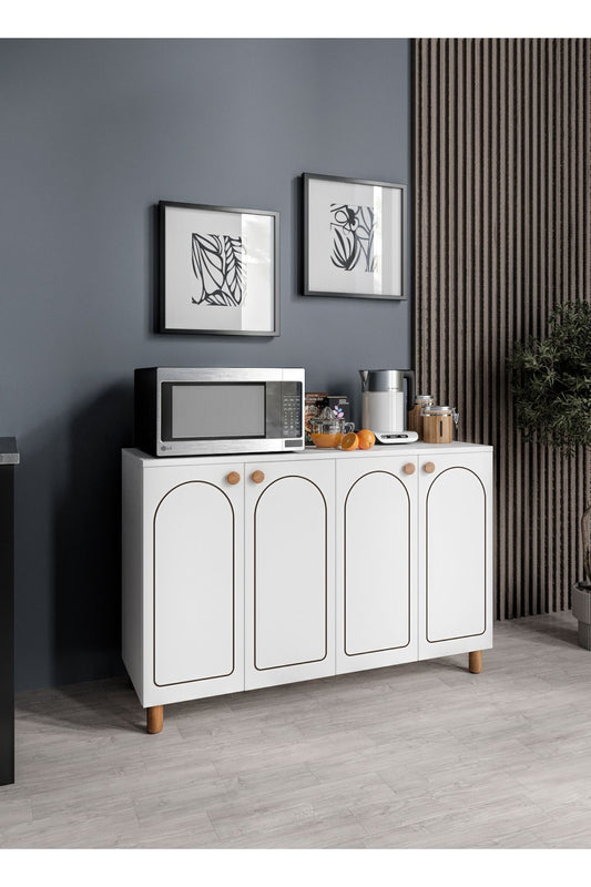 KZNHOME Stella Çok Amaçlı Bohem Dolap, 4 Kapaklı Bohem Kiler Mutfak Dolabı Beyaz, Bohem Konsol