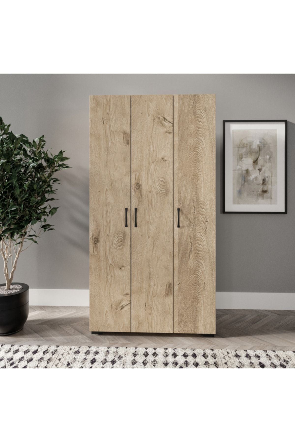 Soft 3 Kapaklı Meşe Gardırop, Elbise Dolabı - Tamamı 1. Kalite Mdf