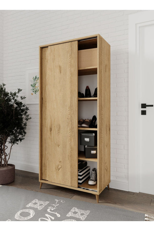 KZNMOB HOME Sürgülü Çok Amaçlı Ayakkabı Dolabı, Ayakkabılık Meşe - Tamamı 1. Kalite Mdf