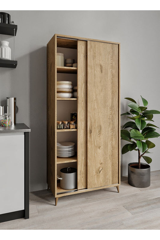 KZNMOB HOME Sürgülü Çok Amaçlı Meşe Mutfak Dolabı, Erzak Dolabı, Kavanoz Dolabı, Kiler Dolabı