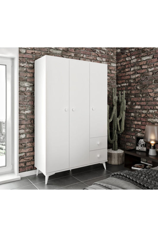 KZNMOB HOME Akasya 3 Kapaklı 2 Çekmeceli Mdf Gardrop Elbise Dolabı Beyaz - Tamamı 1. Kalite Mdf