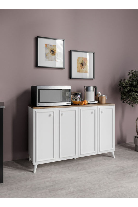 KZNMOB HOME Stella Çok Amaçlı Country Dolap Meşe-Beyaz, 4 Kapaklı Country Kiler Mutfak Dolabı , Country Konsol