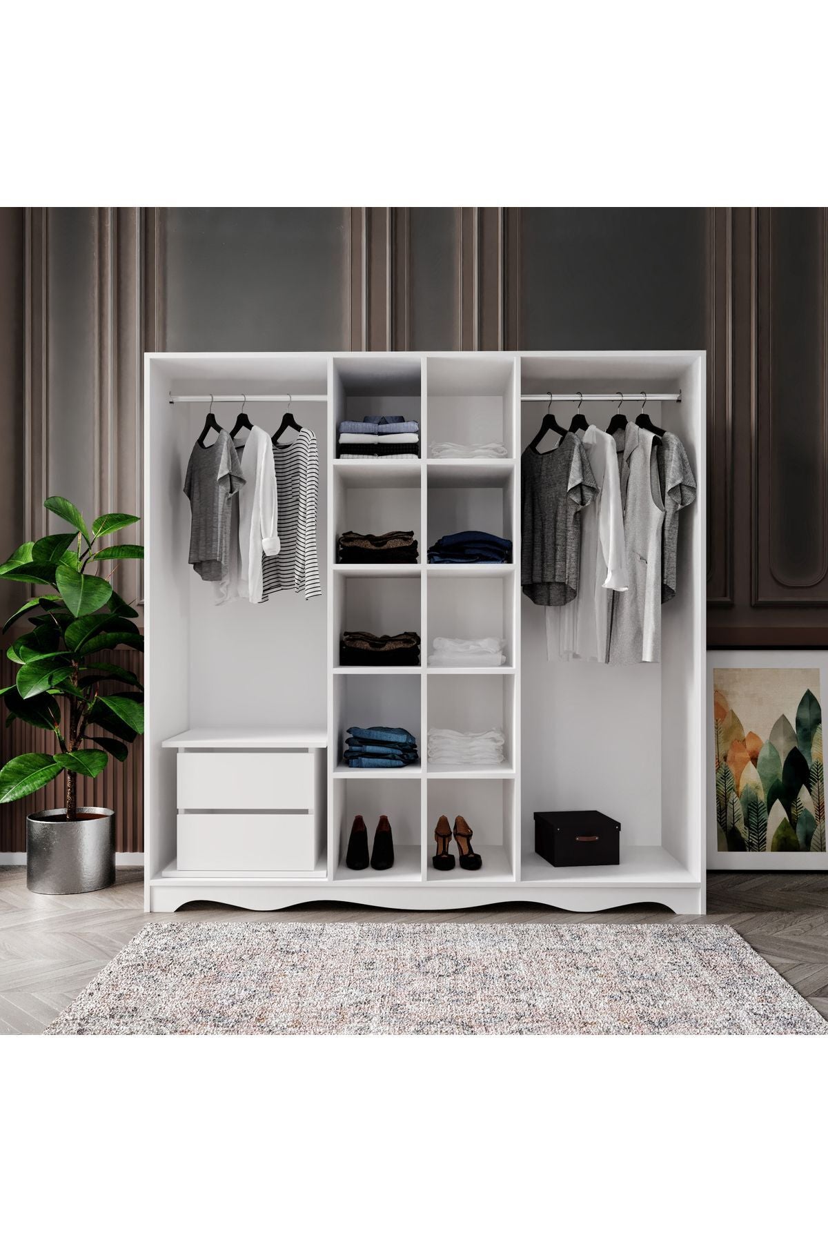 Free 6 Kapaklı 2 Çekmeceli Modern Modüler Gardırop, Elbise Dolabı - Tamamı 1. Kalite Mdf
