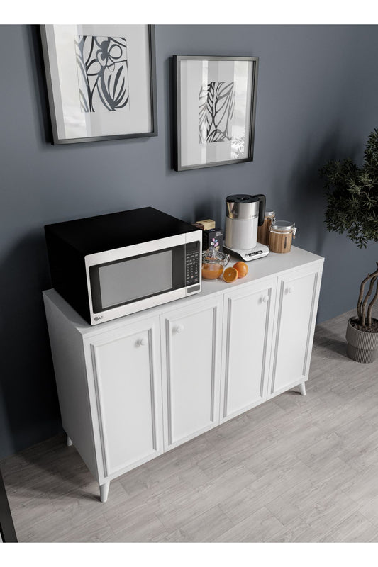 KZNMOB HOME Stella Çok Amaçlı Country Dolap, 4 Kapaklı Country Kiler Mutfak Dolabı Beyaz, Country Konsol