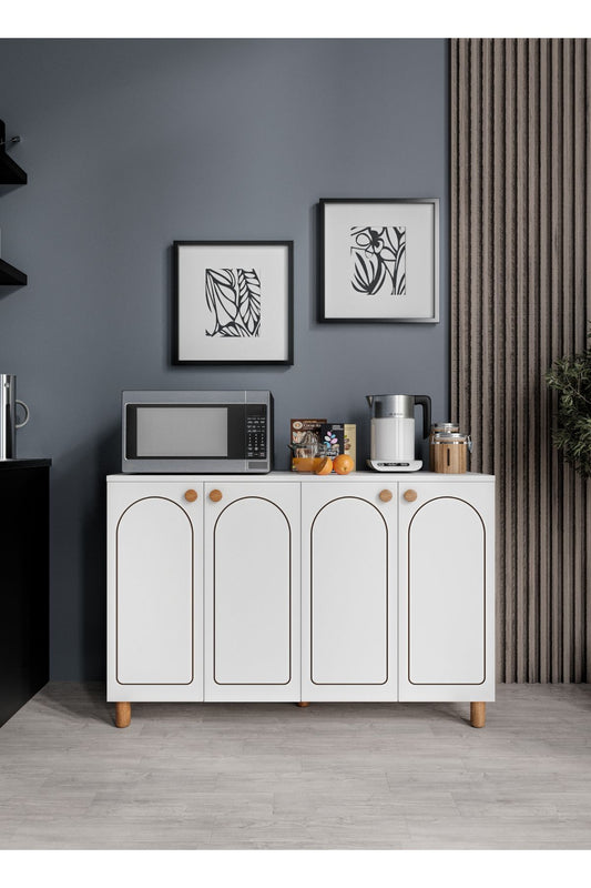 KZNHOME Stella Çok Amaçlı Bohem Dolap, 4 Kapaklı Bohem Kiler Mutfak Dolabı Beyaz, Bohem Konsol