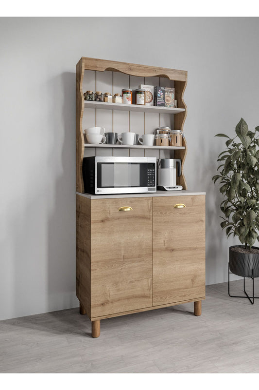 KZNMOB HOME Bohem Tarzda Kahve Köşesi Bahar Meşe, Erzak Dolabı, Kiler Dolabı, Çok Amaçlı Mutfak Dolabı