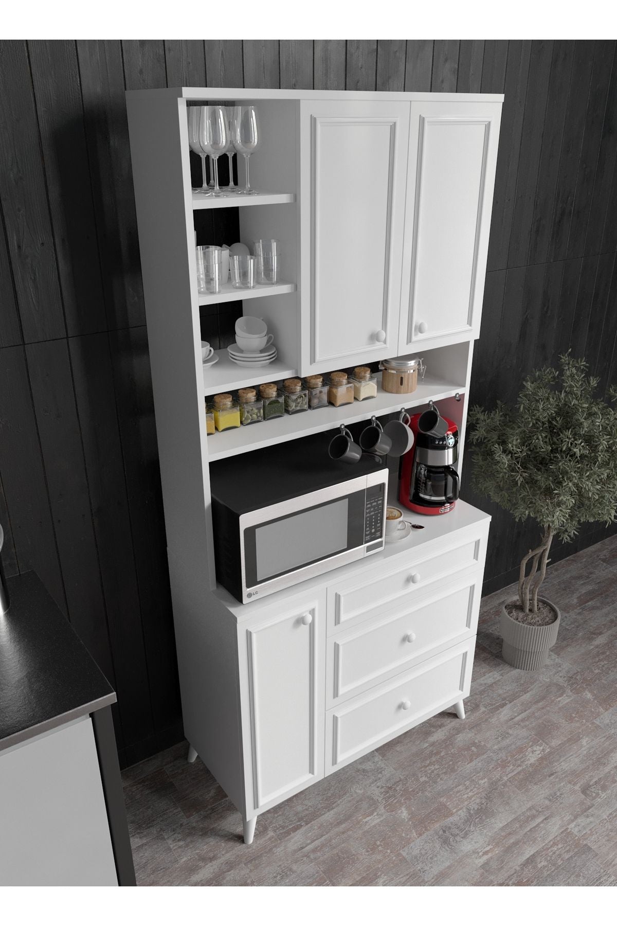 Stella Country Kahve Köşesi Beyaz-Meşe 90cm, Erzak Dolabı, Kiler Dolabı, Çok Amaçlı Mutfak Dolabı