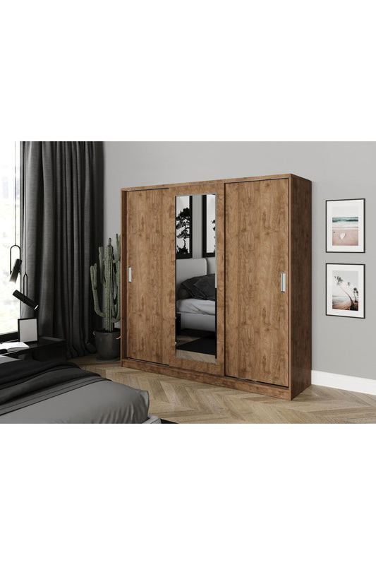 KZNMOB HOME Samira 3 Kapaklı Sürgülü Aynalı Gardrop Elbise Dolabı - Tamamı Ceviz Mdf