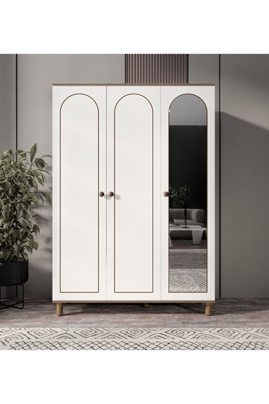 KZNMOB HOME 3 Kapaklı 2 Çekmeceli Aynalı Bohem Gardırop, Elbise Dolabı Beyaz - Tamamı 1. Kalite MDF