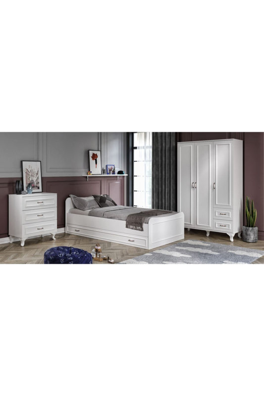 KZNMOB HOME Kartopu Country Oda Takımı - 3 Kapaklı Gardırop, Yavrulu Karyola, 3 Çekmeceli Şifonyer Tamamı Mdf