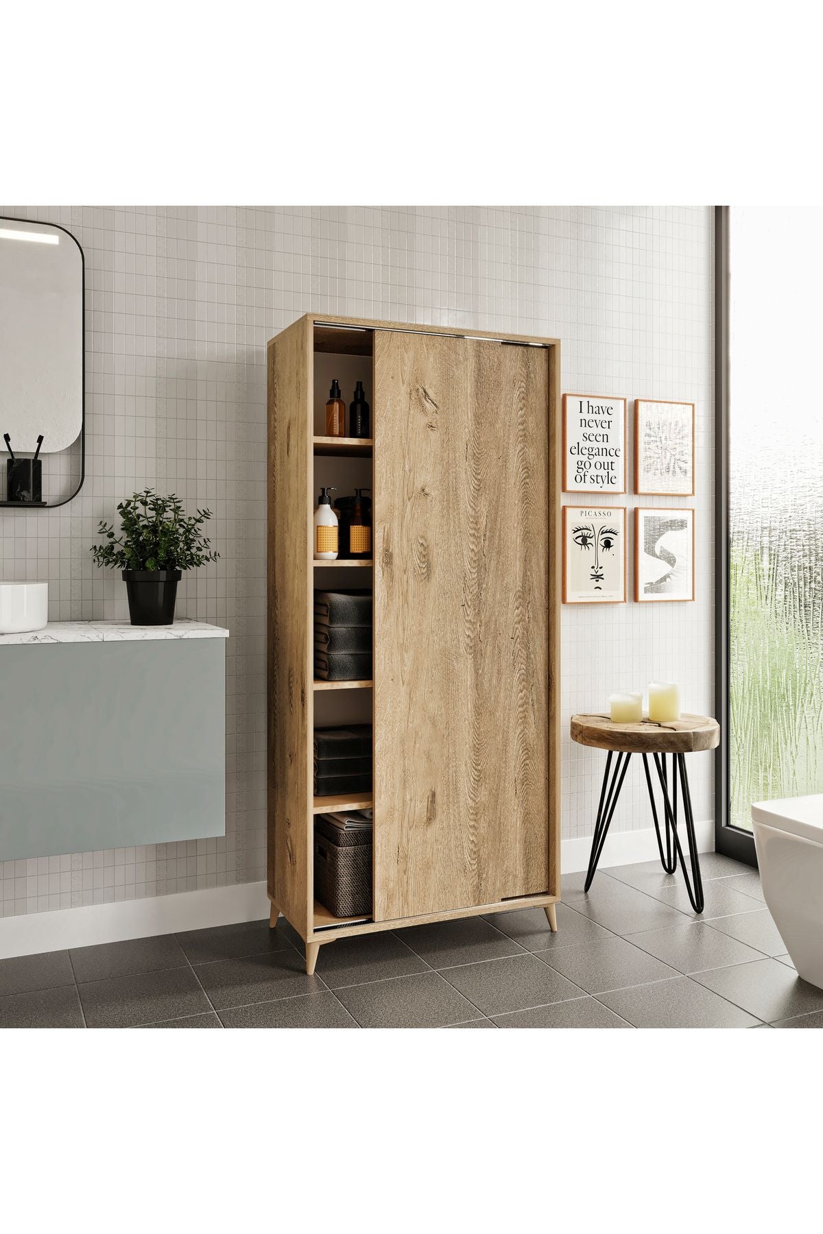 Sürgülü Çok Amaçlı Banyo Dolabı Meşe - Tamamı 1. Kalite Mdf