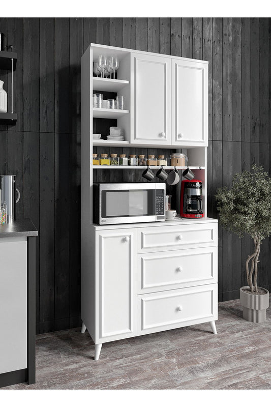 KZNMOB HOME Stella Country Kahve Köşesi Beyaz-Meşe 90cm, Erzak Dolabı, Kiler Dolabı, Çok Amaçlı Mutfak Dolabı