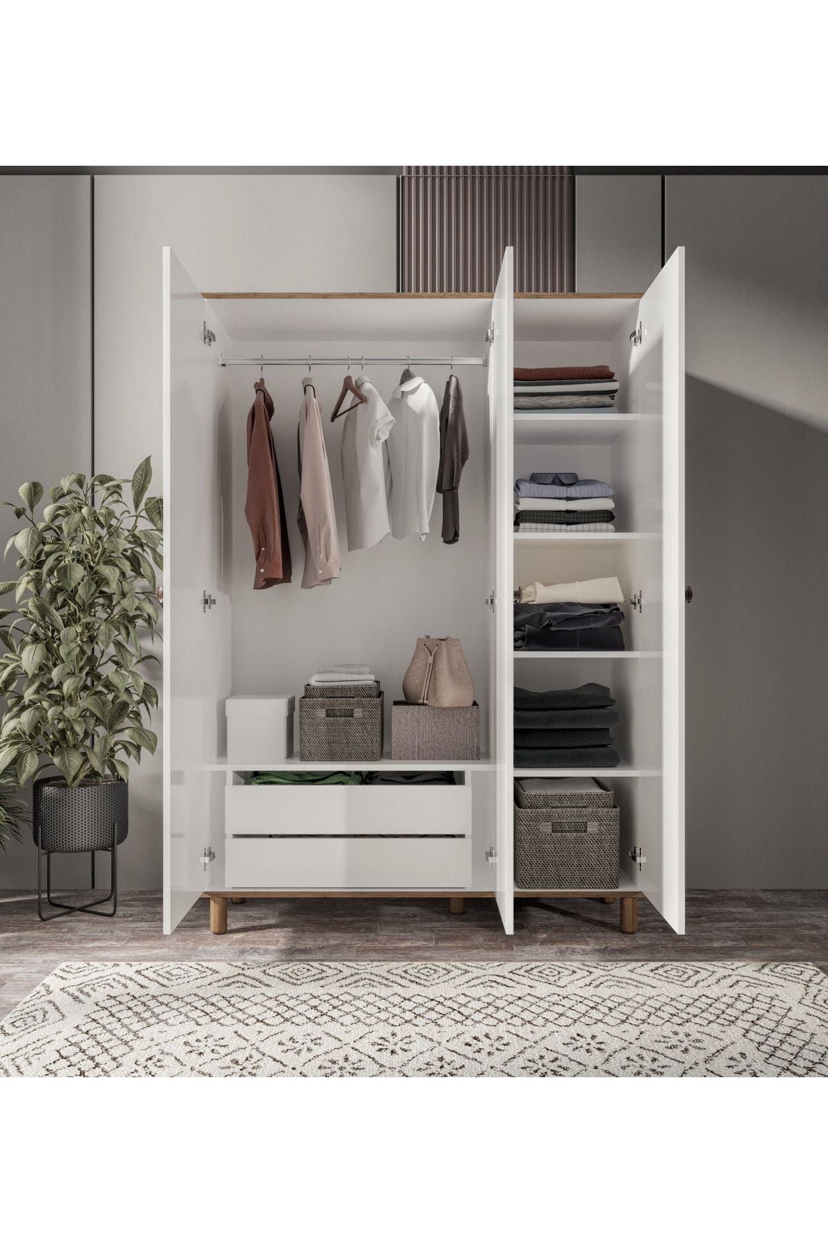 3 Kapaklı 2 Çekmeceli Aynalı Bohem Gardırop, Elbise Dolabı Beyaz - Tamamı 1. Kalite MDF