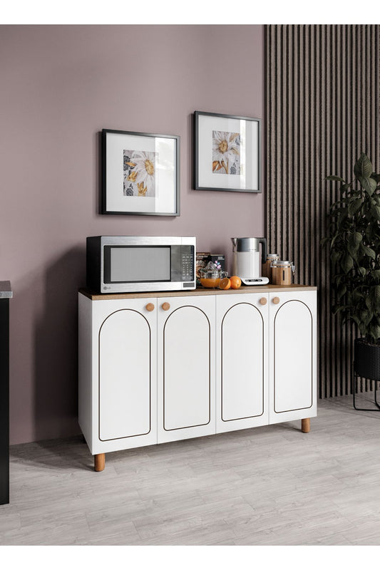 KZNMOB HOME Stella Çok Amaçlı Bohem Dolap Ceviz-Beyaz, 4 Kapaklı Bohem Kiler Mutfak Dolabı Beyaz, Bohem Konsol
