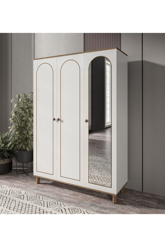 KZNMOB HOME 3 Kapaklı 2 Çekmeceli Aynalı Bohem Gardırop, Elbise Dolabı Beyaz - Tamamı 1. Kalite MDF