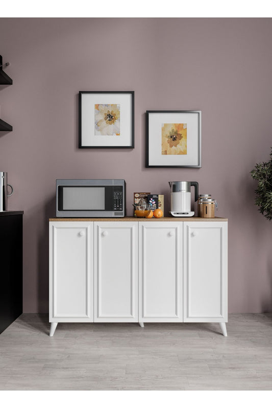 KZNMOB HOME Stella Çok Amaçlı Country Dolap Meşe-Beyaz, 4 Kapaklı Country Kiler Mutfak Dolabı , Country Konsol