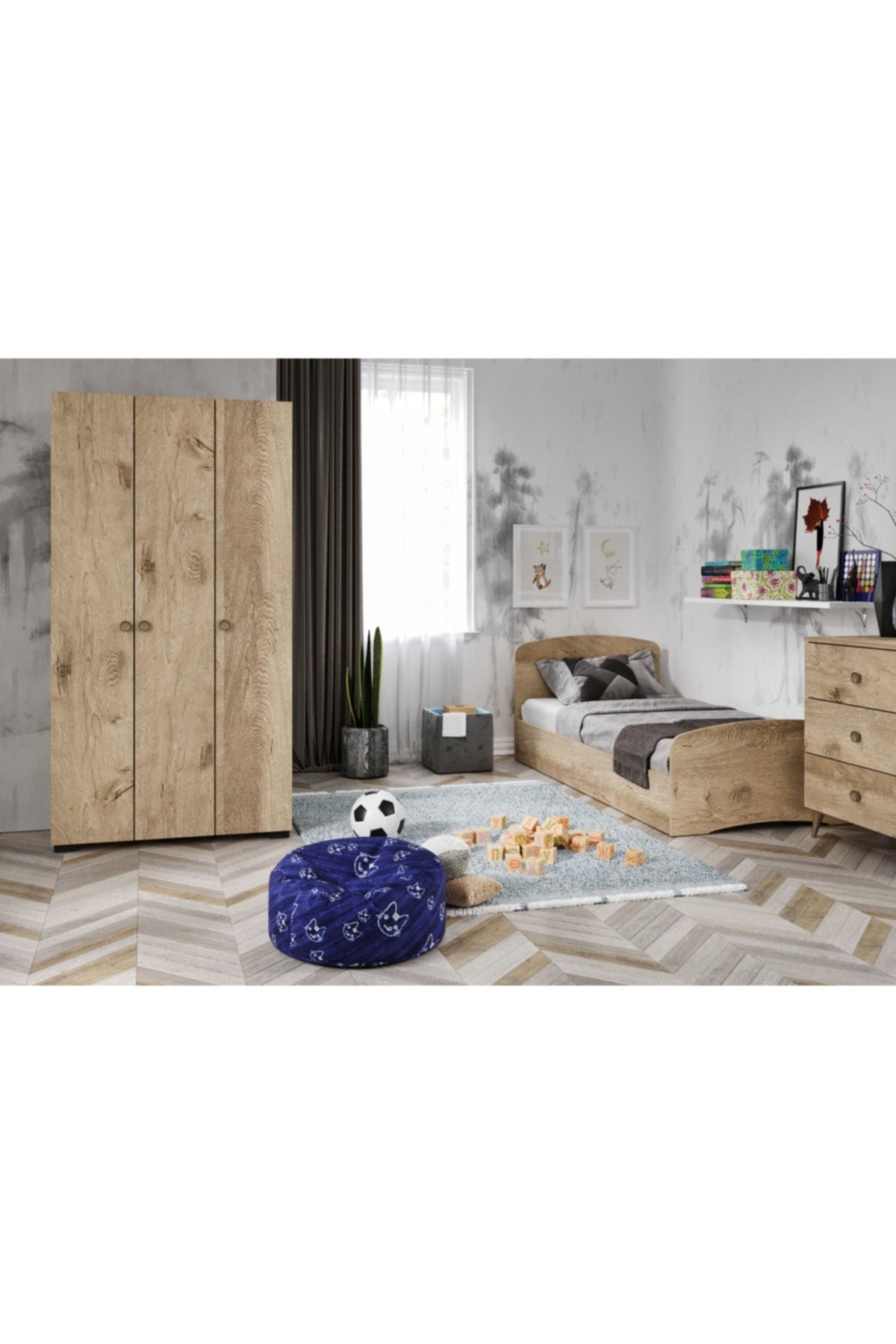 Soft Çocuk Odası Takımı Meşe - Karyola, 3 Kapaklı Gardırop, 3 Çekmeceli Şifonyer Tamamı Mdf