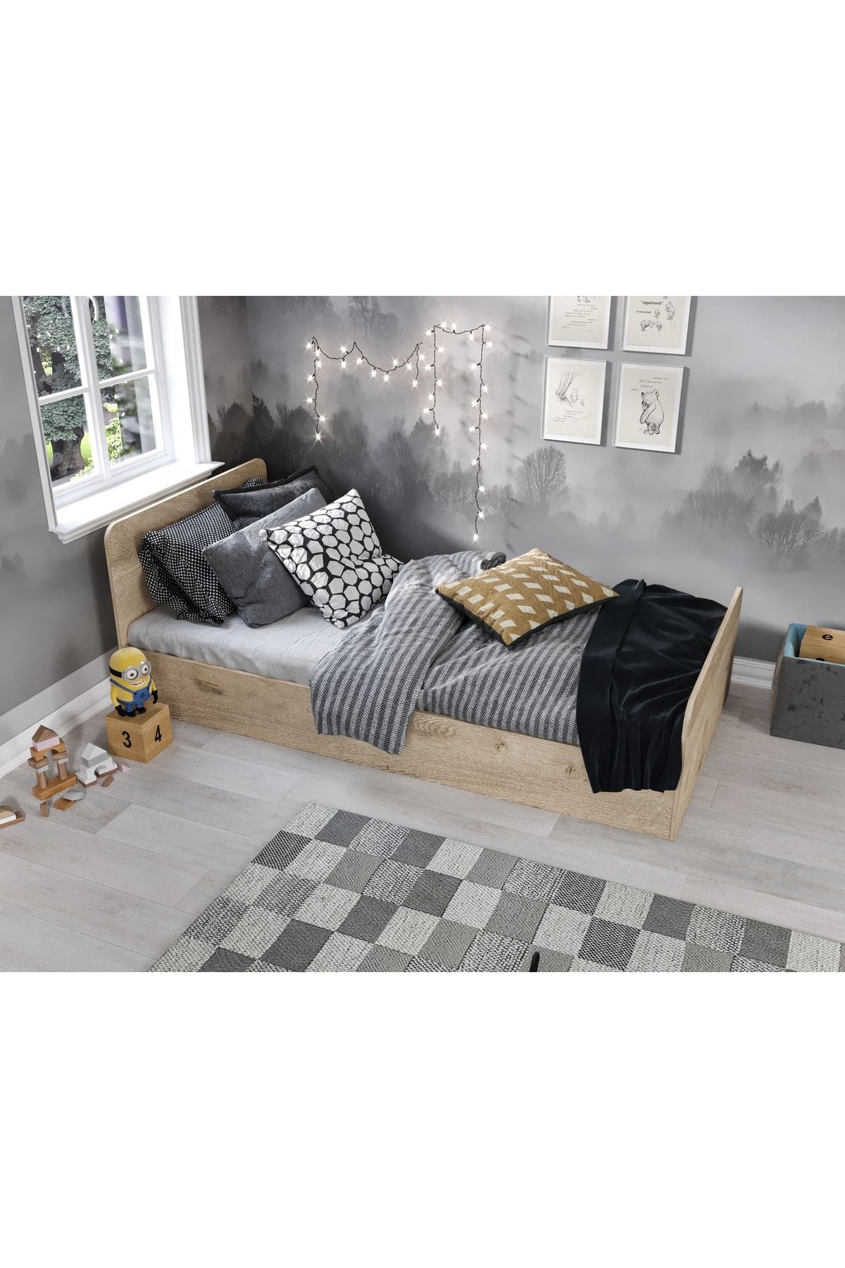 Tek Kişilik Modern Meşe Mdf Karyola - 100cm X 200cm Ölçülerinde