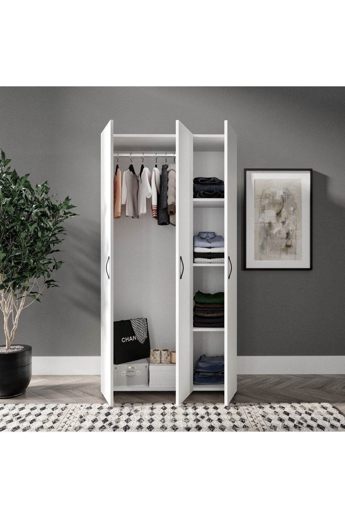 Soft 3 Kapaklı Beyaz Gardırop, Elbise Dolabı - Tamamı 1. Kalite Mdf