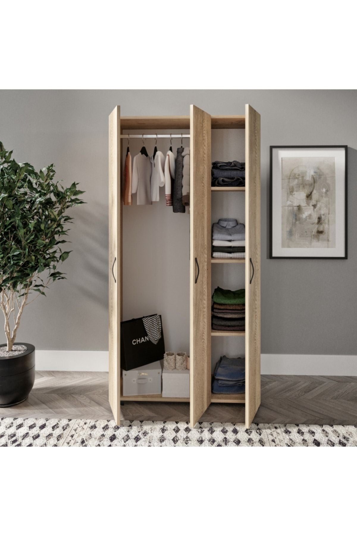 Soft 3 Kapaklı Meşe Gardırop, Elbise Dolabı - Tamamı 1. Kalite Mdf