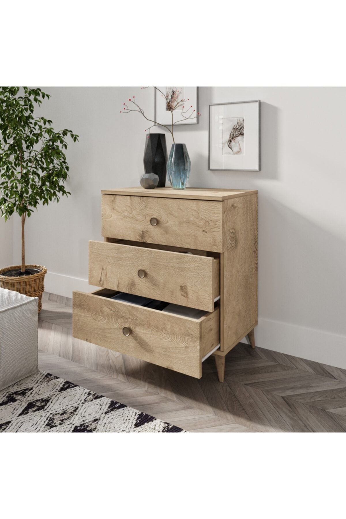Gardenya 3 Çekmeceli Meşe Şifonyer - Tamamı 1. Kalite Mdf