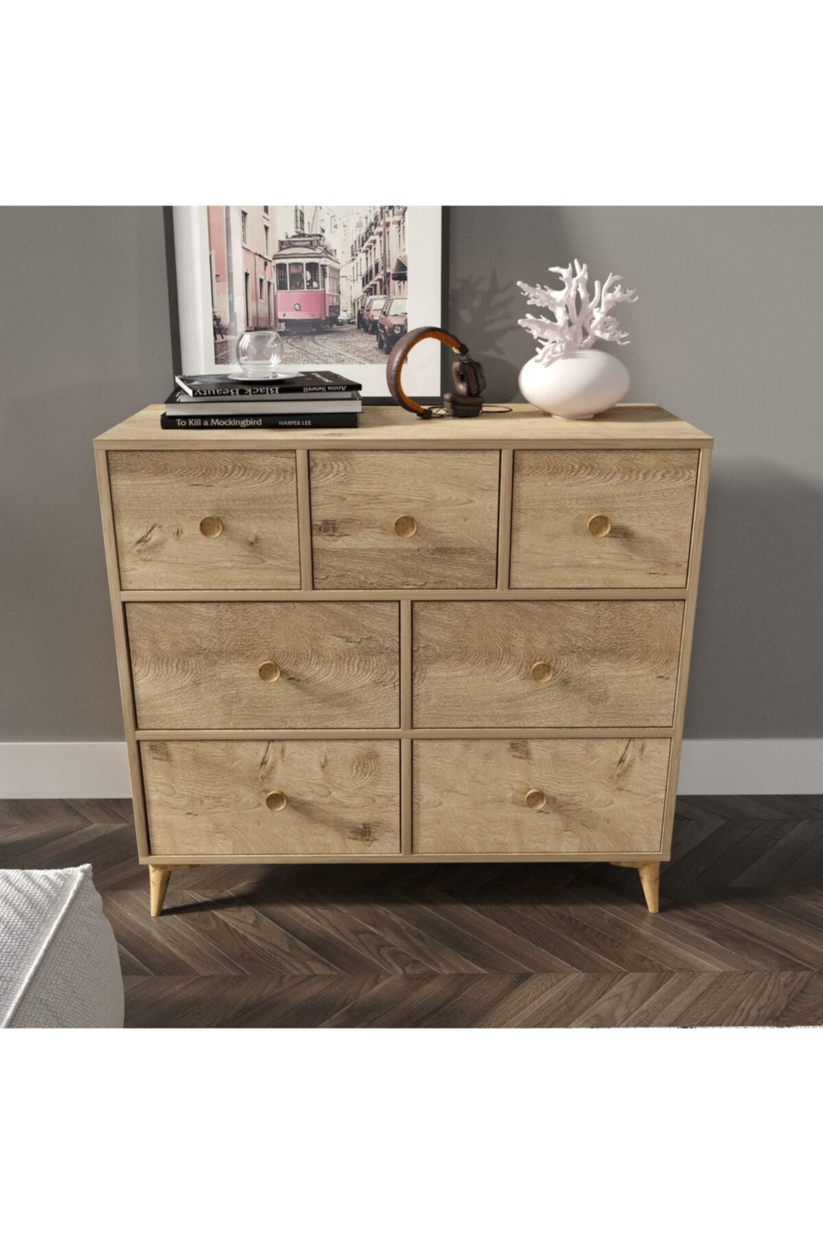 Karanfil 7 Çekmeceli Modern Meşe Şifonyer - Tamamı 1. Kalite Mdf