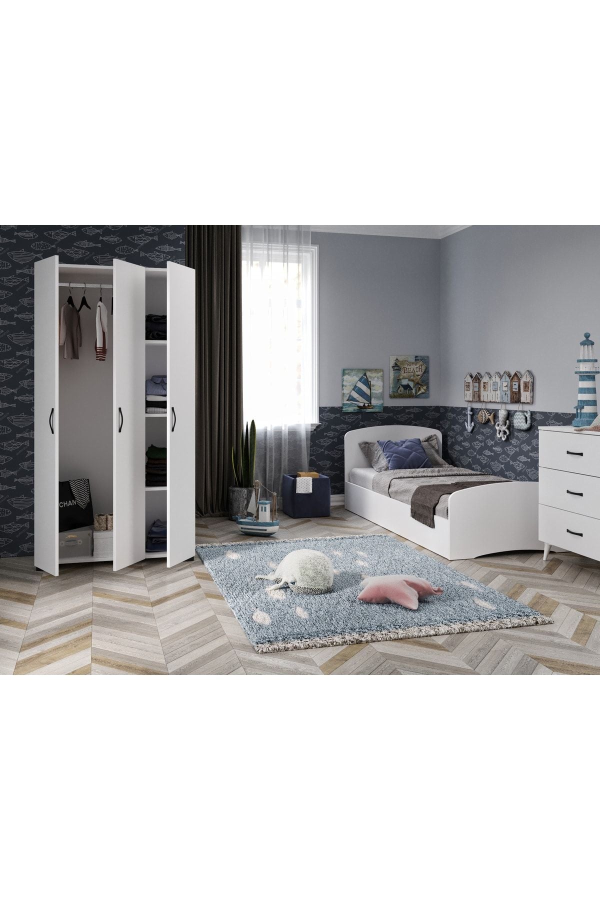 Soft Çocuk Odası Takımı Beyaz - Karyola, 3 Kapaklı Gardırop, 3 Çekmeceli Şifonyer Tamamı Mdf