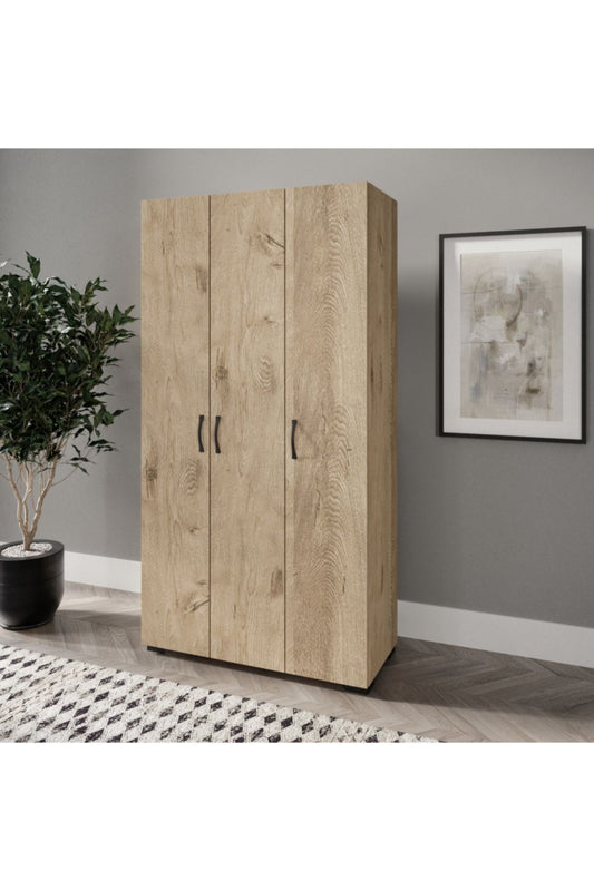 KZNMOB HOME Soft 3 Kapaklı Meşe Gardırop, Elbise Dolabı - Tamamı 1. Kalite Mdf