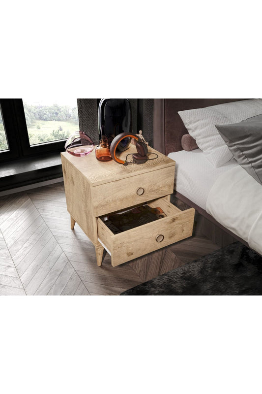 KZNMOB HOME Fındık 2 Çekmeceli Meşe Komodin - Tamamı 1. Kalite MDFLAM