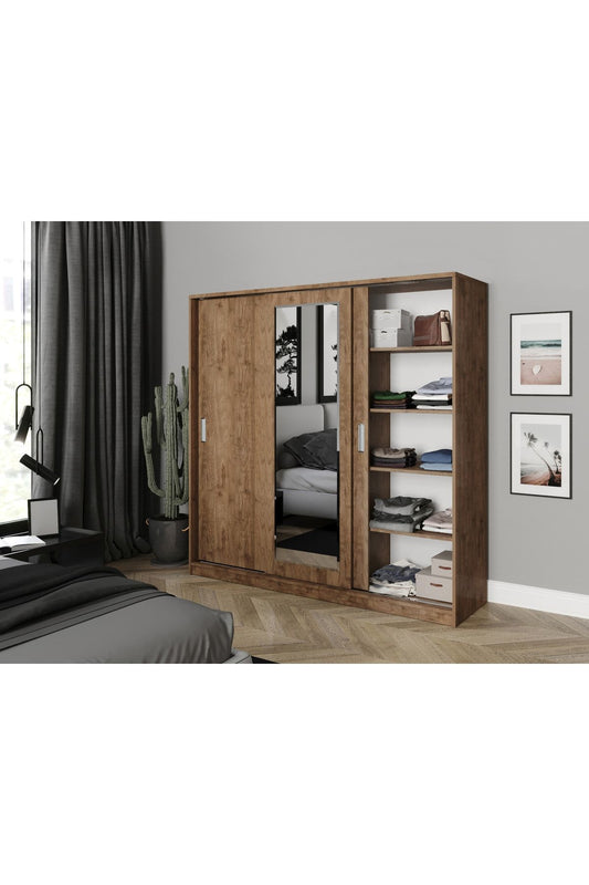 KZNMOB HOME Samira 3 Kapaklı Sürgülü Aynalı Gardrop Elbise Dolabı - Tamamı Ceviz Mdf