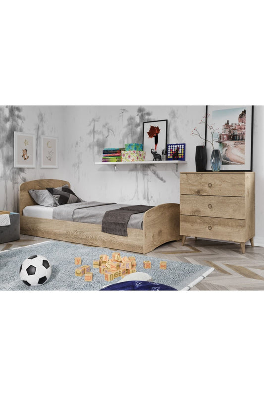 KZNMOB HOME Soft Çocuk Odası Takımı Meşe - Karyola, 3 Kapaklı Gardırop, 3 Çekmeceli Şifonyer Tamamı Mdf