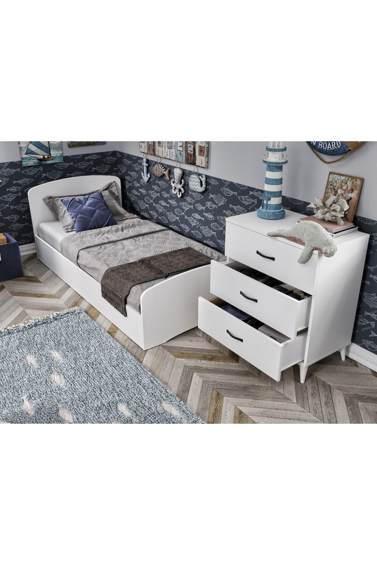 KZNMOB HOME Soft Çocuk Odası Takımı Beyaz - Karyola, 3 Kapaklı Gardırop, 3 Çekmeceli Şifonyer Tamamı Mdf