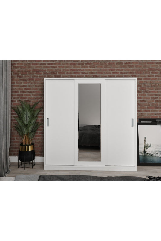 KZNMOB HOME Beyaz Samira Mdf Sürgülü Aynalı Gardrop Elbise Dolabı 3 Kapılı