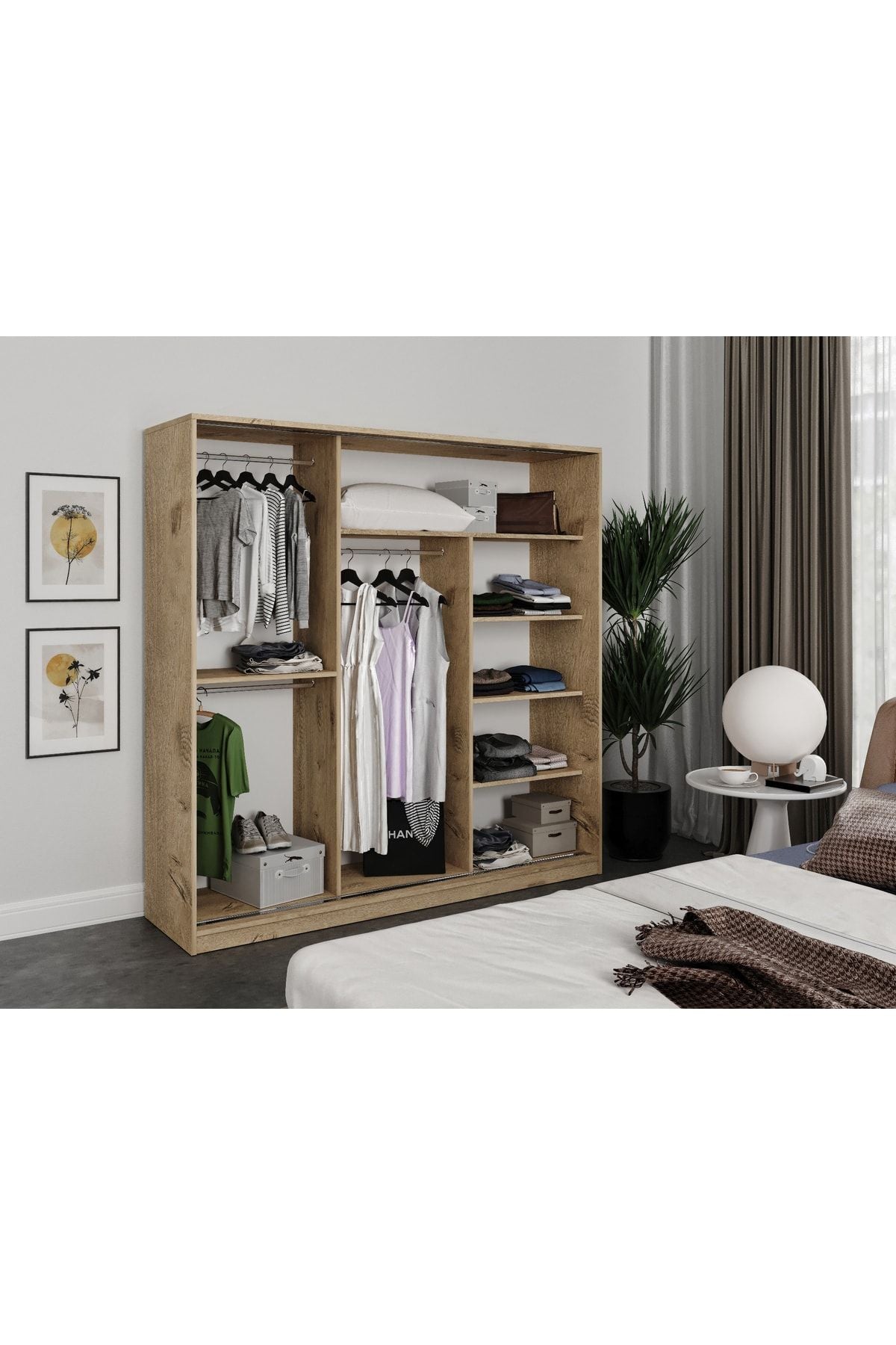 Samira 3 Kapaklı Sürgülü Aynalı Gardrop Elbise Dolabı - Tamamı Meşe Mdf