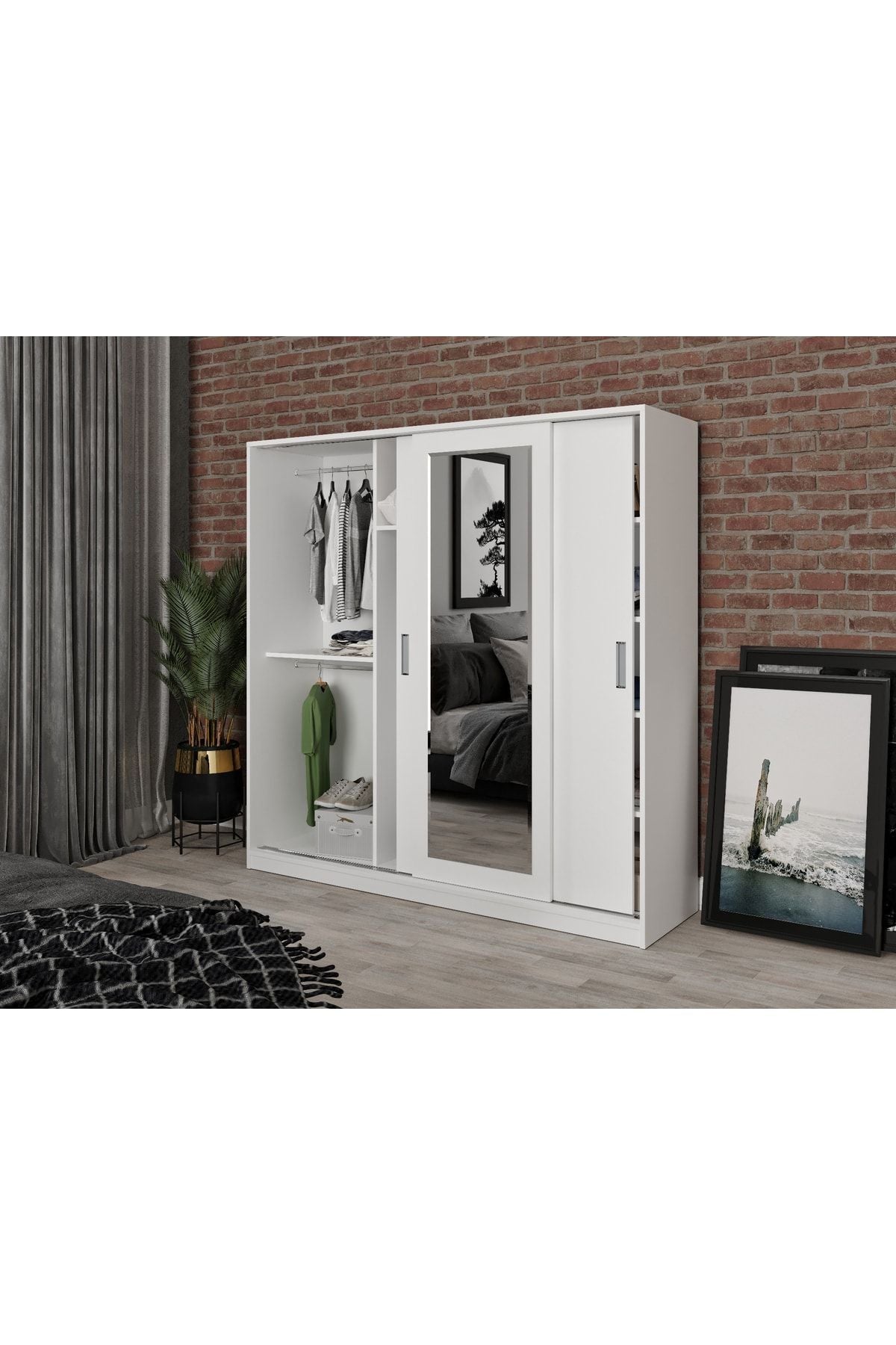 KZNMOB HOME Beyaz Samira Mdf Sürgülü Aynalı Gardrop Elbise Dolabı 3 Kapılı