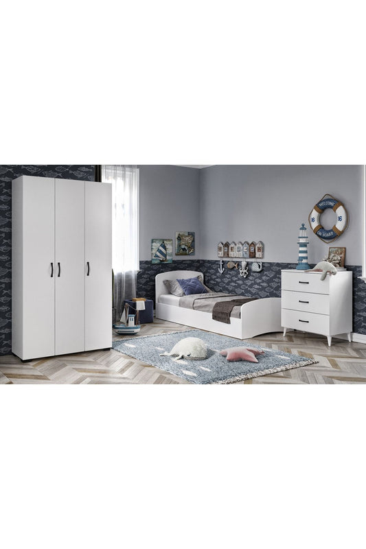 KZNMOB HOME Soft Çocuk Odası Takımı Beyaz - Karyola, 3 Kapaklı Gardırop, 3 Çekmeceli Şifonyer Tamamı Mdf