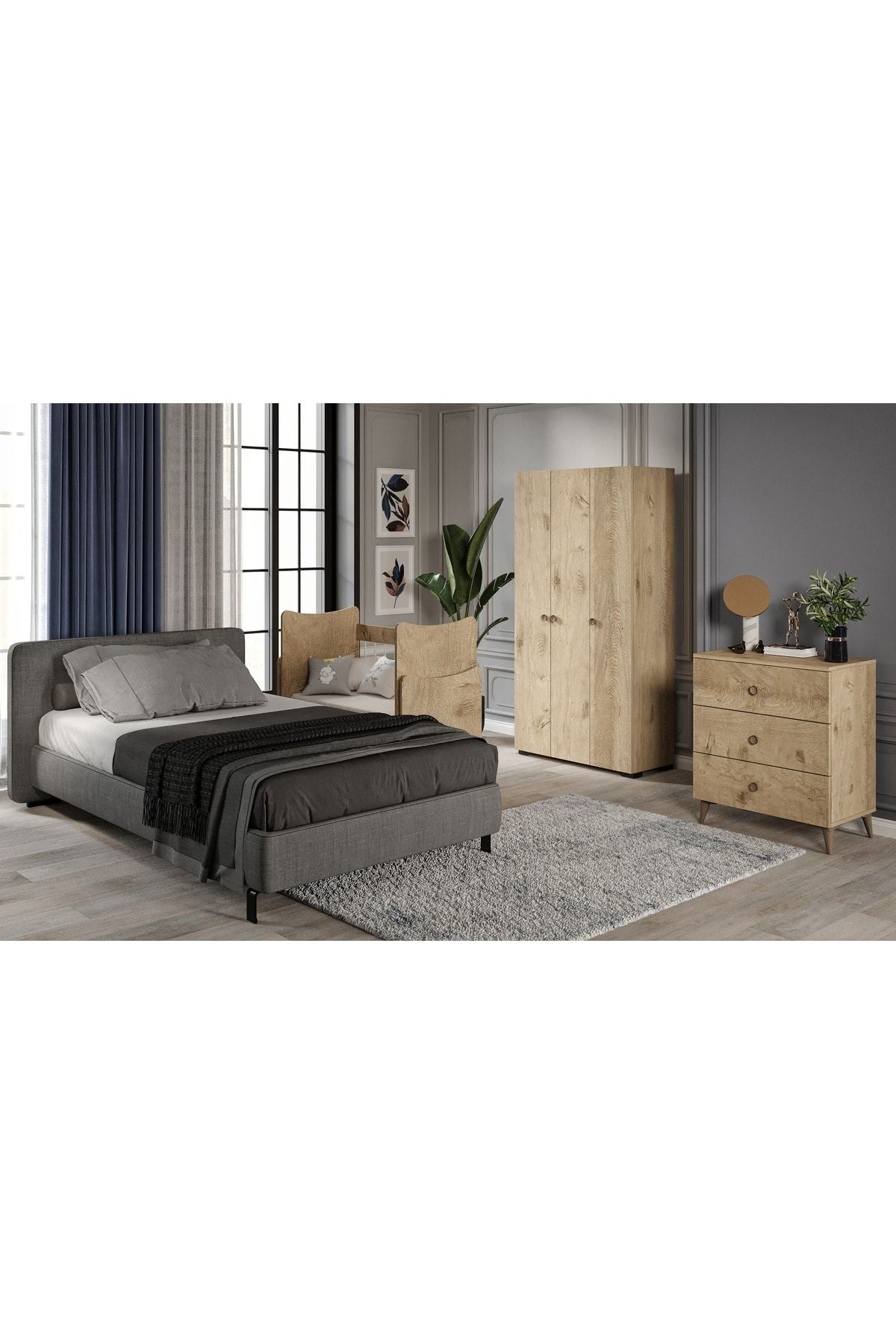 Papatya Bebek Odası Takımı Meşe - 3 Parçalı Tamamı 1. Kalite Mdf
