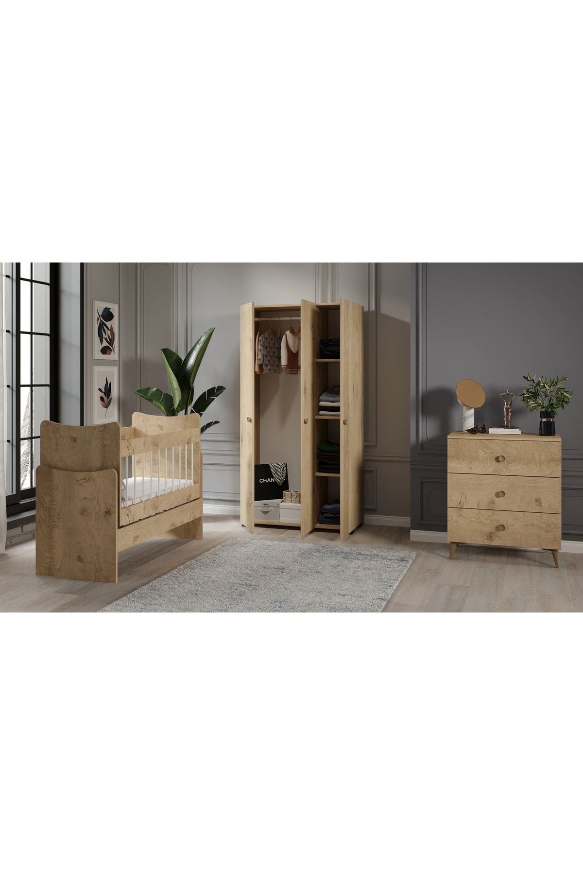 Papatya Bebek Odası Takımı Meşe - 3 Parçalı Tamamı 1. Kalite Mdf