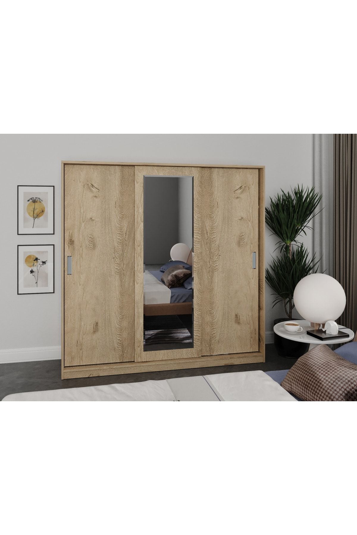 Samira 3 Kapaklı Sürgülü Aynalı Gardrop Elbise Dolabı - Tamamı Meşe Mdf