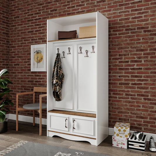 KZNMOB HOME Stella 4 Kapaklı 6 Askılı 5 Bölmeli Country Vestiyer, Portmanto Beyaz-Ceviz- Tamamı MDF