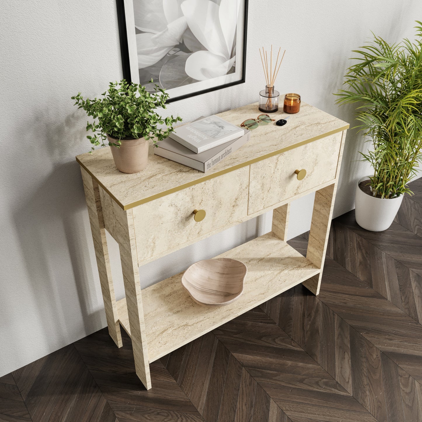 KZNMOB HOME Traverten Desenli Modern Dresuar, 2 Çekmeceli 90cm Mermer Desenli - Tamamı MDF