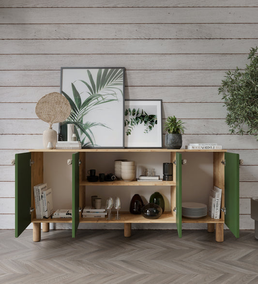 KZNMOB HOME Alice Çok Amaçlı Membran Kapaklı Bohem Konsol Koyu Yeşil-Meşe, Bohem Salon Mobilyası - Tamamı MDF