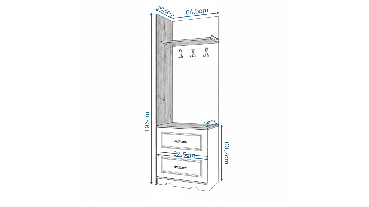 KZNMOB HOME Kartopu 2 Çekmeceli 3 Askılı Country Vestiyer, Portmanto - Tamamı 1. Kalite Mdf