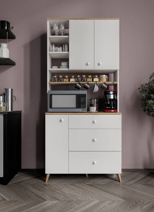 KZNMOB HOME Stella Kahve Köşesi Dolabı Aytaşı Beyaz-Meşe 90cm, Erzak Dolabı, Kiler Dolabı