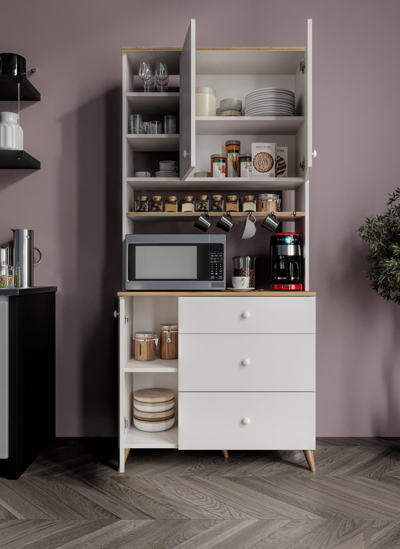 KZNMOB HOME Stella Kahve Köşesi Dolabı Aytaşı Beyaz-Meşe 90cm, Erzak Dolabı, Kiler Dolabı