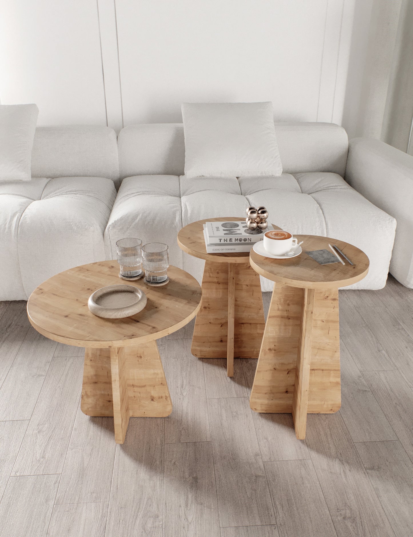 KZNMOB HOME Mush 3lü Zigon Sehpa, Beyaz, Ceviz, Meşe, Traverten Desenli- Tamamı MDF