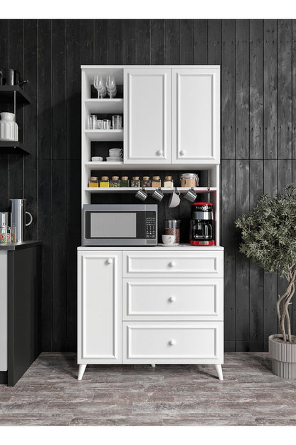 KZNMOB HOME Stella Country Kahve Köşesi Beyaz-Meşe 90cm, Erzak Dolabı, Kiler Dolabı, Çok Amaçlı Mutfak Dolabı