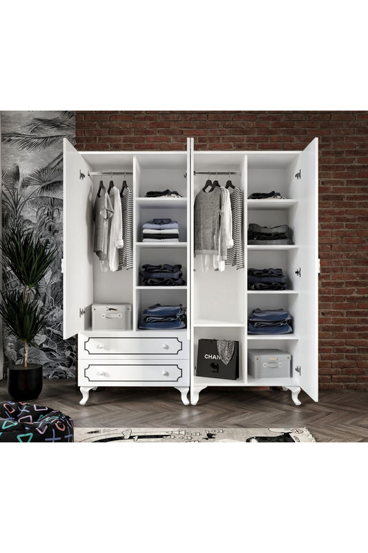 Stil 4 Kapaklı 2 Çekmeceli Moduler Gardırop, Elbise Dolabı - Tamamı 1. Kalite Mdf