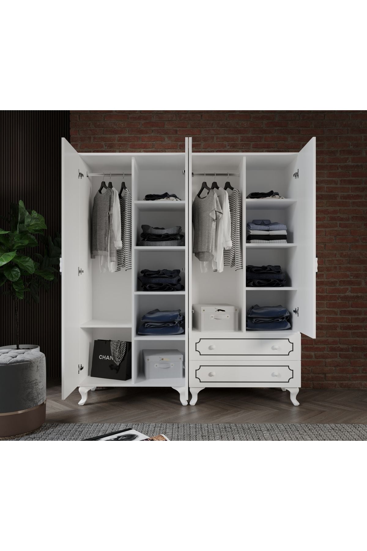 Stil 4 Kapaklı 2 Çekmeceli Moduler Gardırop, Elbise Dolabı - Tamamı 1. Kalite Mdf